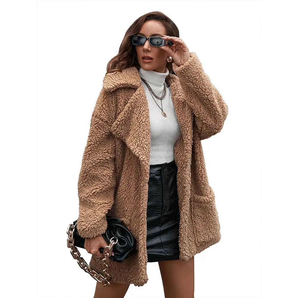 Winter Women Faux Fur Coat Sherpa Fleece Long Cardigan Autumn Warm Streetwear Ladies Teddy Puff Windbreaker Jacket brown