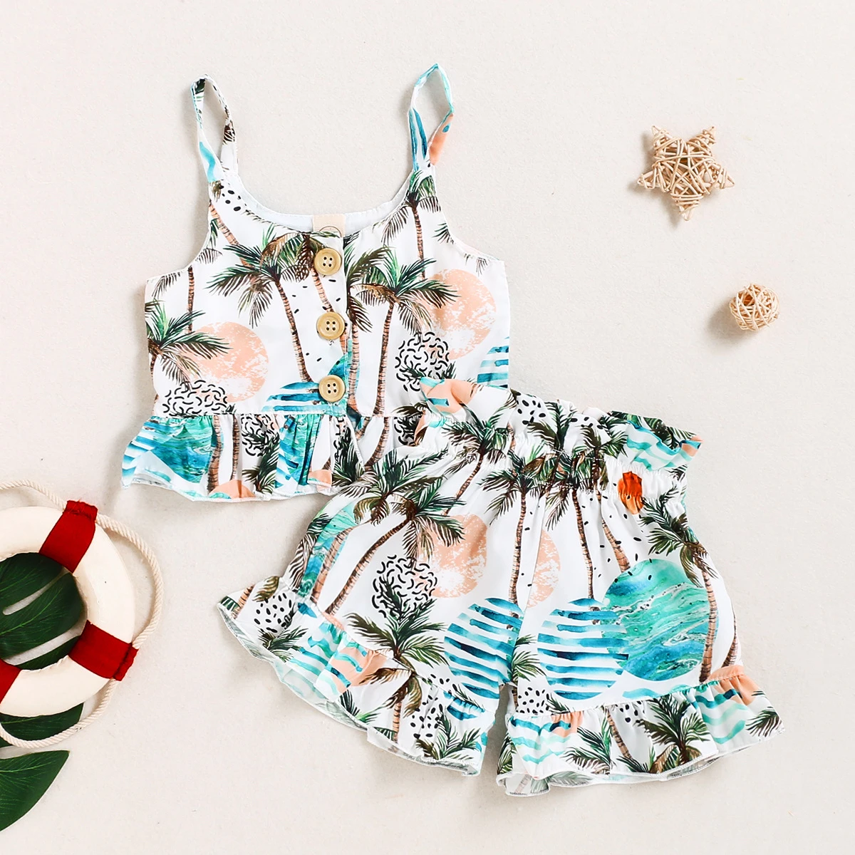 Freely Move Summer Newborn Baby Girls 2-piece Outfit Suit Print Ruffle Strap Tops+Shorts Clothes Set for Toddler Infant Girls