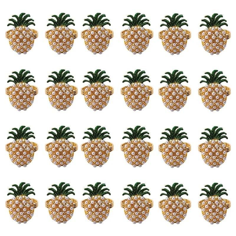 

24Pcs Cute Napkin Rings Pineapple Shape Pearl Beaded Shining Gold Christening Bangle Metal Wedding Gift Party Supplies