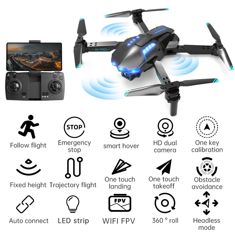 

X6 PRO RC Drone 4K HD Dual Camera Three-sided Obstacle Avoidance Altitude Hold Foldable Drone Optical Flow Location Quadcopter