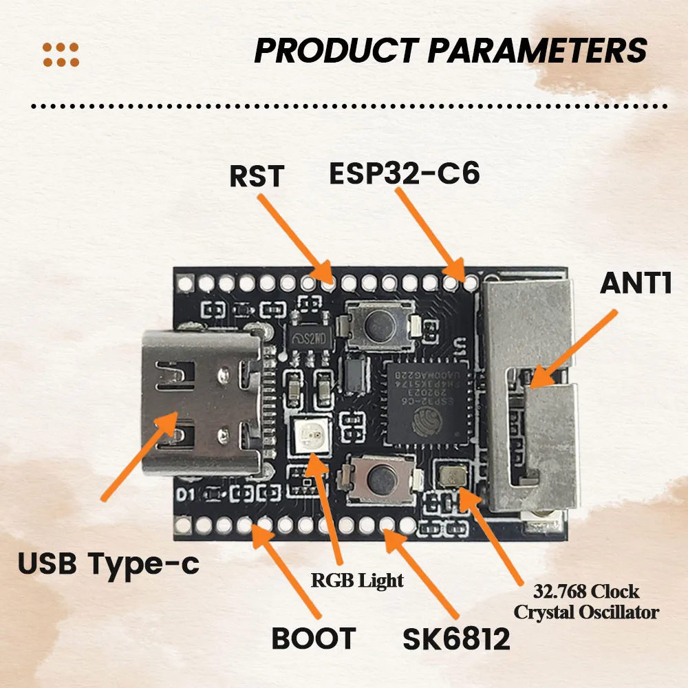 Плата разработки Wi-Fi 6 ESP32-C6 модуль 4 Мб вспышки с 32 768 кварцевым осциллятором RGB