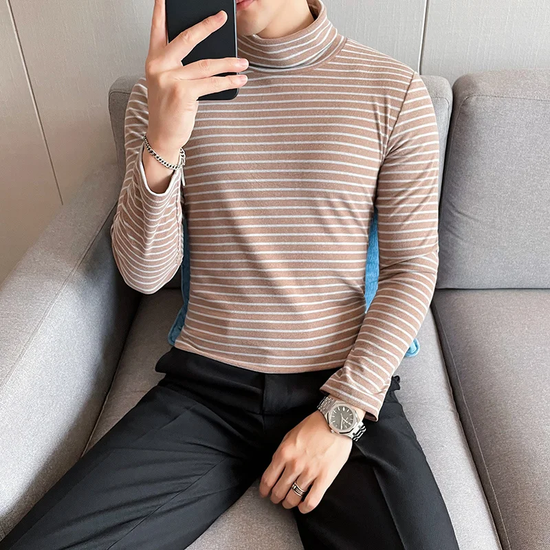 

2023 Black Gray Men High Collar Long-Sleeve T-Shirt Men T-Shirt Stripe Slim Fit T-Shirt Men Shirt Vintage Basic Cotton Shirt