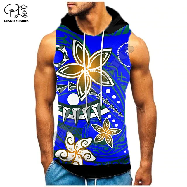 

Polynesian Island Chuuk Flag Hibiscus Tattoos Unique Tribal Retro 3DPrint Summer Streetwear Casual Funny Sleeveless Hoodies A2