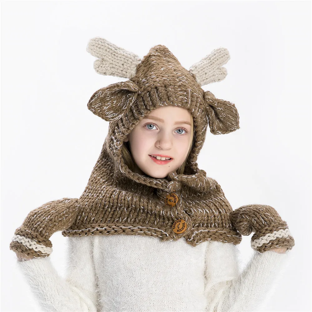 

2022 Autumn Winter Chic Hand Knitting Elk Hat Scarf Gloves Children Adult Cartoon Animal Warm Neck Hats Baby Christmas Gifts