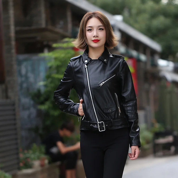 shipping,Genuine leather woman Free slim leather jacket.fashion biker Asian size female sheepskin coat.quality leather clothes