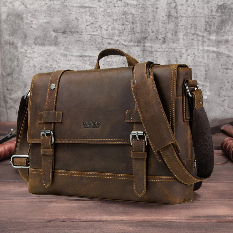 

Vintage Handmade Crazy Horse Leather Briefcase Messenger Shoulder Satchel Retro Style Briefcase Business Bags A4 Messenger Bag