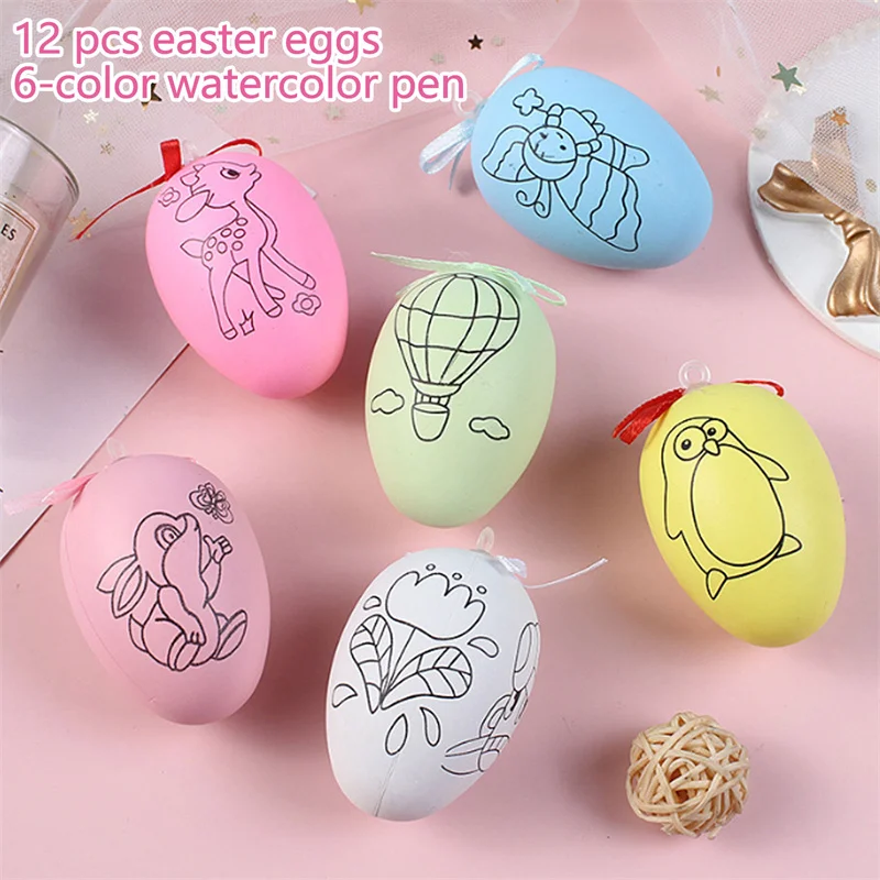 

12 Pcs Easter Eggs DIY Paintable Plastic Eggs with 6 Colored Pens Easter Basket Stuffers for Easter Party Favors Easter Hunts