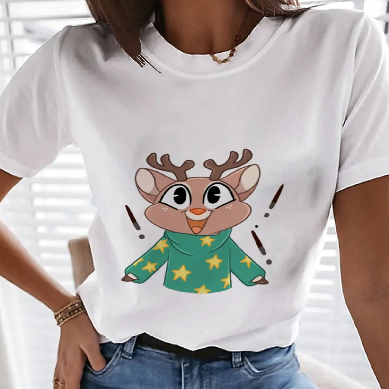 

New summer2022 foreign trade T-shirt female printing deer expression bag round neck short-sleeved T-shirt fashion breathable top