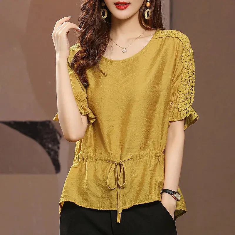 

2023 New Elegant Lace Hollow Flare Sleeve Bandage Blouse Women's Clothing Summer Casual Tops Loose Commute Shirt
