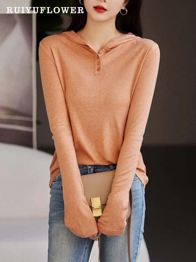 

Женская трикотажная футболка с капюшоном, повседневная однотонная тонкая облегающая кофта с длинным рукавом, корейский стиль, весна-осень