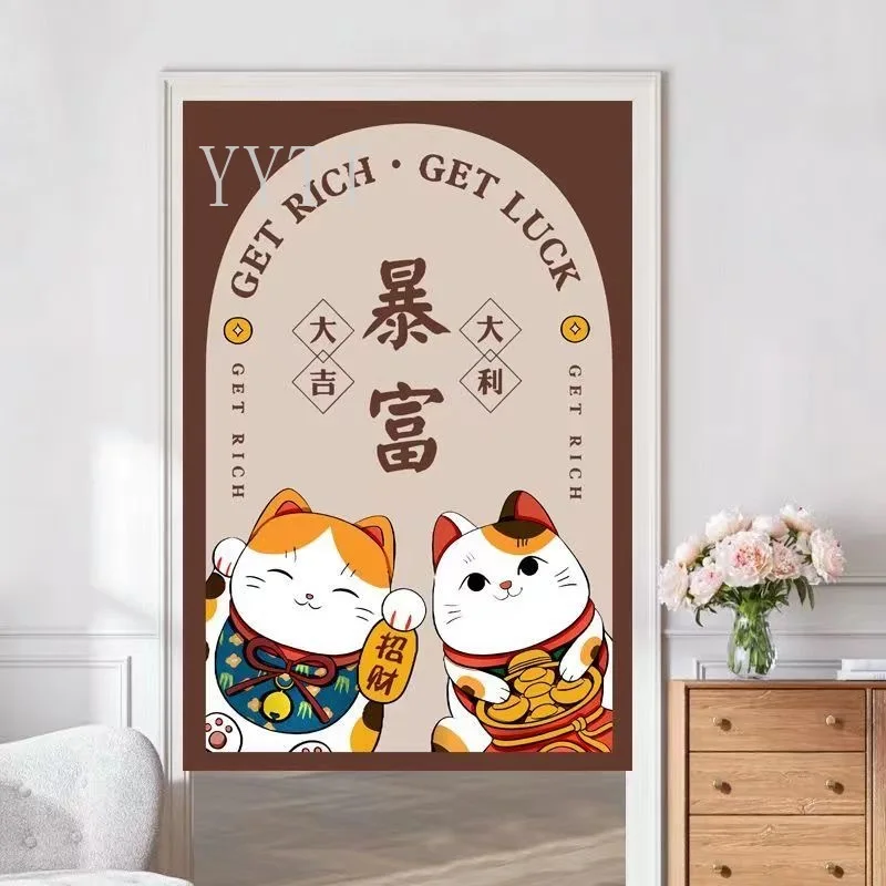 Lucky Cat Door Curtain Japanese Style Kitchen Entrance Decor Half Free Perforation Bedroom Partition Hanging Curtains