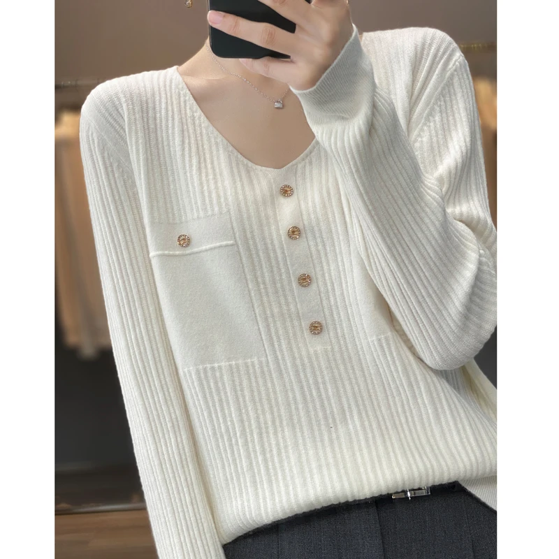 

Women's Sweater Autumn And Winter New Long-Sleeved Wool Knitted V-Neck Pullover Loose Thin Sweater Bottoming Shirt Top