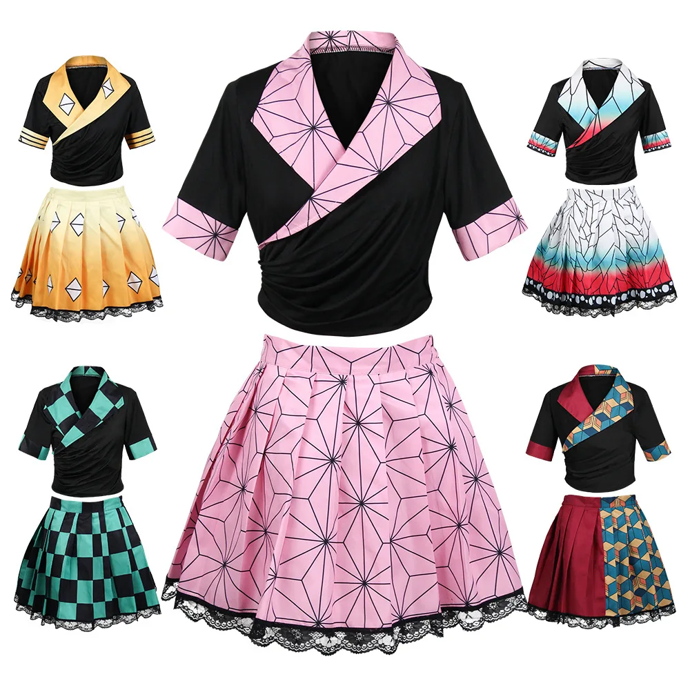 

Костюм для косплея из аниме «рассекающий демонов», женский топ + юбка + носки для вечевечерние НКИ на Хэллоуин, наряды для ролевых игр, Kimetsu no ...