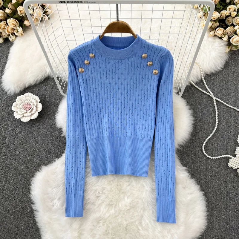 

Hikigawa шикарный модный женский свитер с ложным воротником осенний плотный пуговичный приталенный вязаный пуловер Топ для женщин