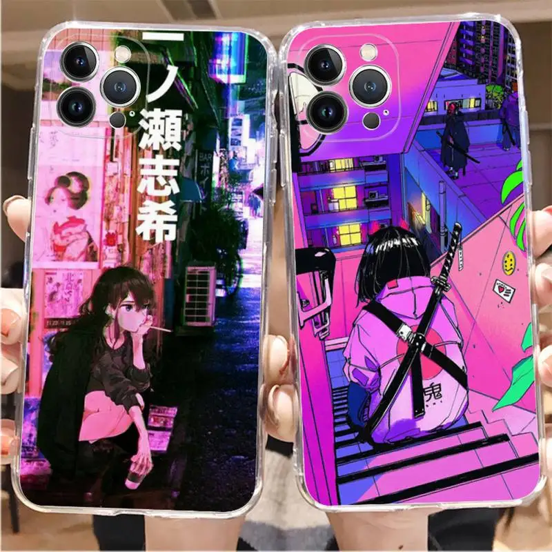 

Vaporwave Glitch Sad girl Anime Phone Case For iPhone 8 7 6 6S Plus X SE 2020 XR XS 14 11 12 13 Mini Pro Max Mobile Case