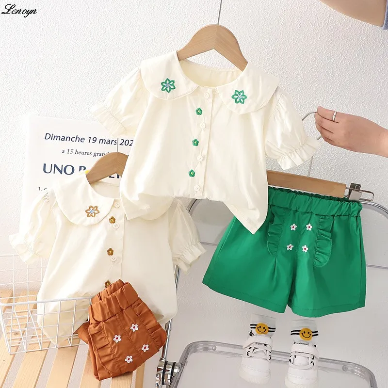 

Lenoyn 2023 Summer New Korean Edition Girls' Doll Neck Short Sleeve Children's Wear Solid Color Polo Collar Shirt Two Piece Set