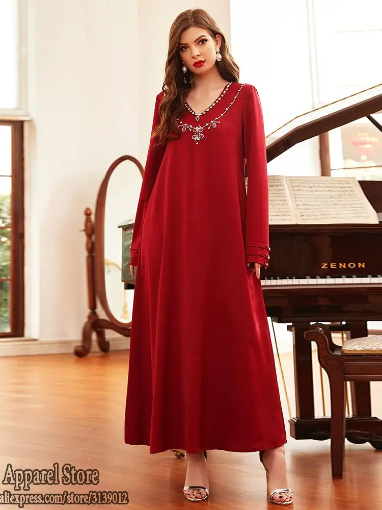 

Ramadan Eid Red Abaya Dubai Muslim Hijab Modest Dress Turkey Islam Abayas For Women Robe Longue Femme Caftan Marocain