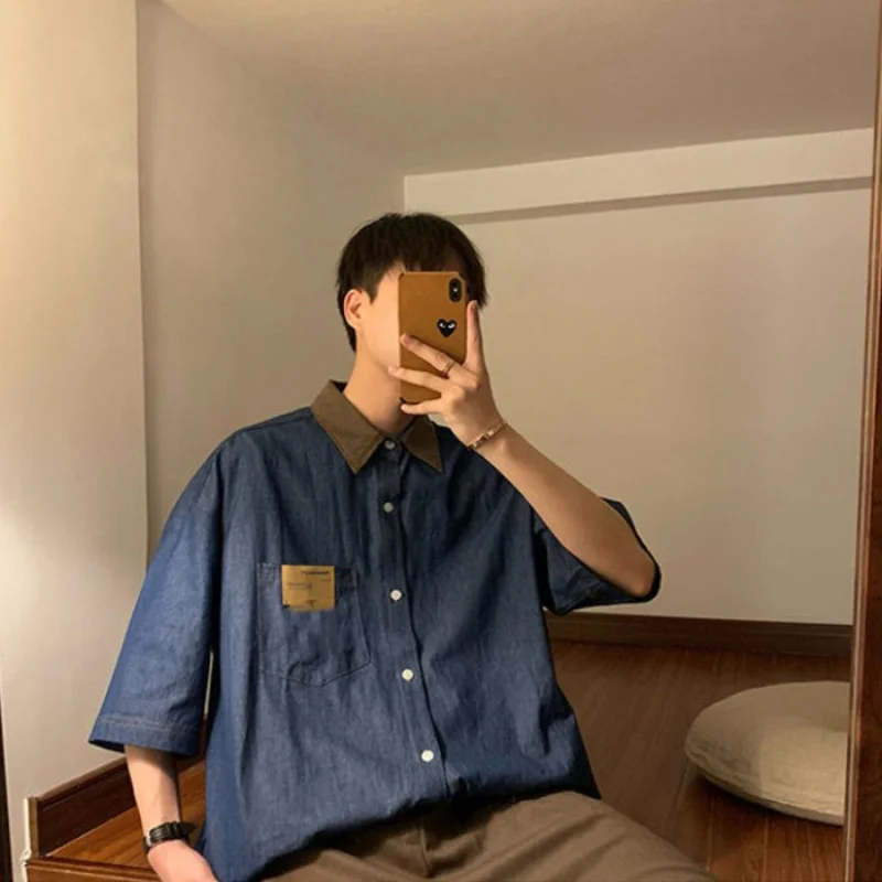 

Новинка 2023, тонкая джинсовая рубашка, Мужская крутая блузка с короткими рукавами в стиле преппи, винтажная рубашка в японском стиле с контрастной строчкой, универсальный городской Топ