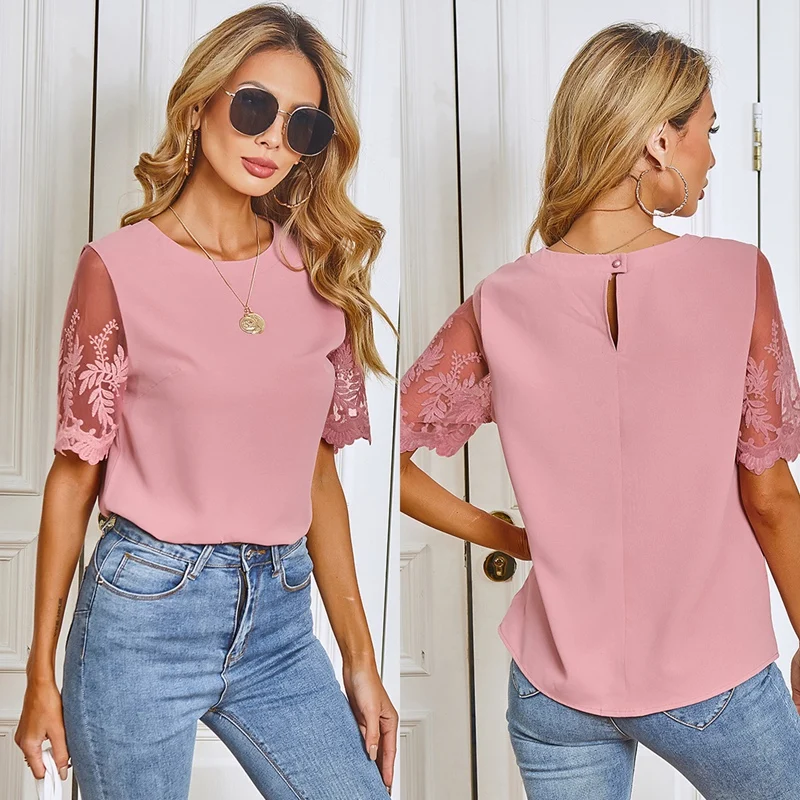 

Women's Fashion Lace Short Sleeve T-Shirt Round Neck Casual Ladies Top Pink