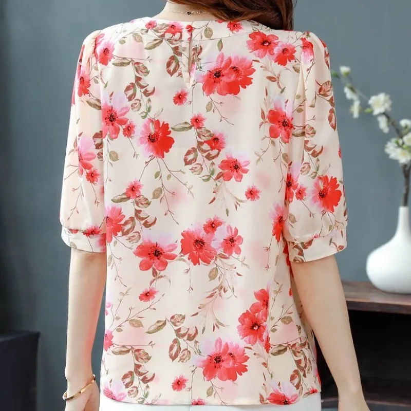Блузка женская шифоновая с цветочным принтом модный Свободный пуловер круглым