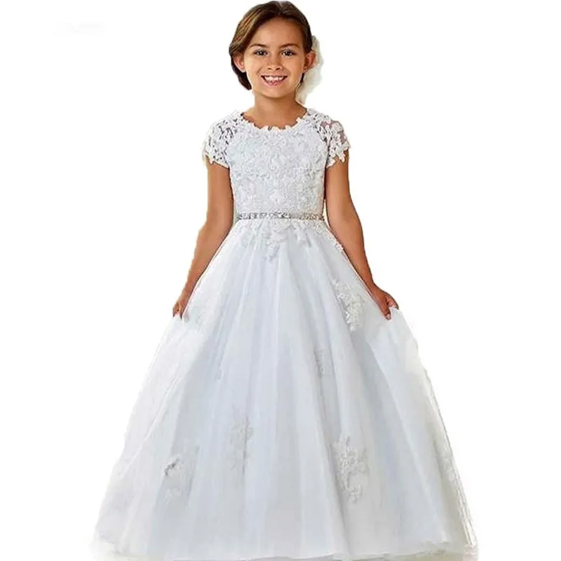 

ТРАПЕЦИЕВИДНОЕ кружевное платье с аппликацией и рукавами-крылышками, платья для девочек с цветочным рисунком, платье с бисером на талии для первого причастия, Детские платья для свадьбы и вечеринки из тюля