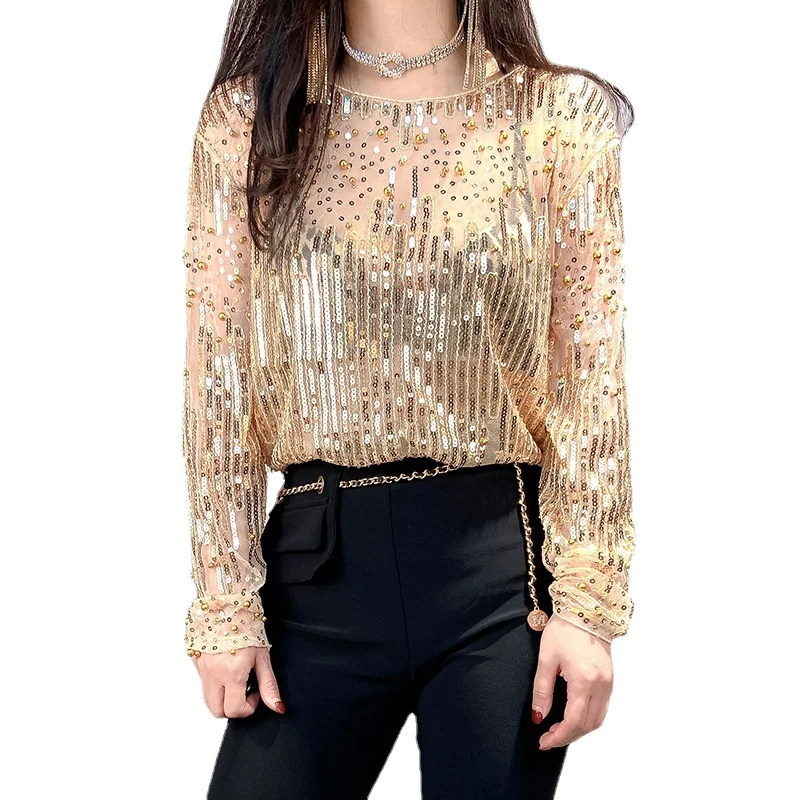 

America Sexy Gold Mesh T Shirts Women O Neck Pullover Women Bead Sequins Women Beads Heavy Industry Top