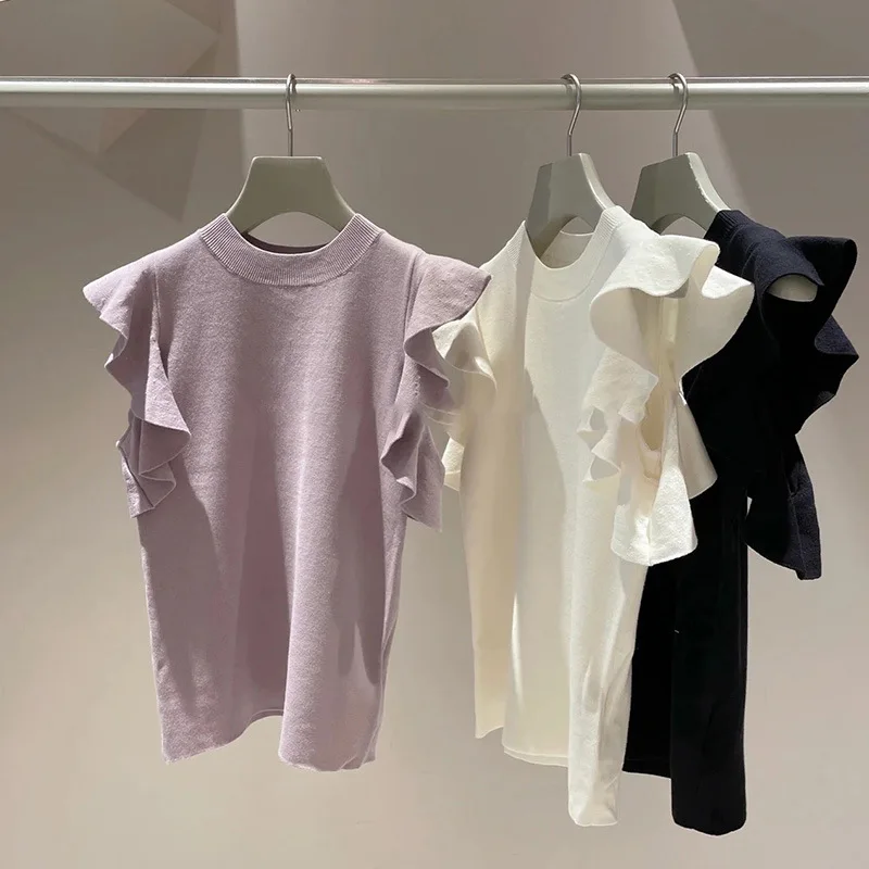 Neploe тонкий свитер с оборками и круглым вырезом открытыми плечами японский милый