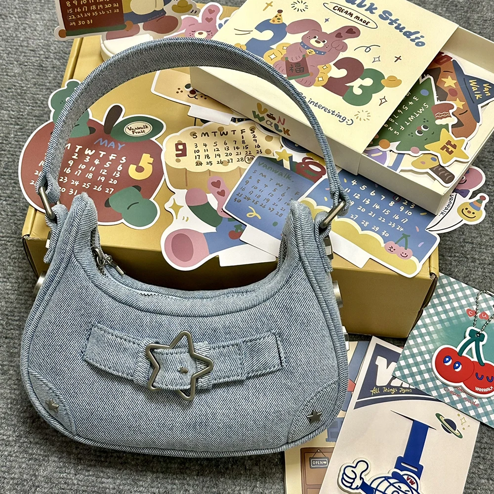 Y2K New Star Underarm Bag Vintage Leather Denim Zip Handbag Casual Versatile Cute Girl Women One Shoulder Backpack Accessories