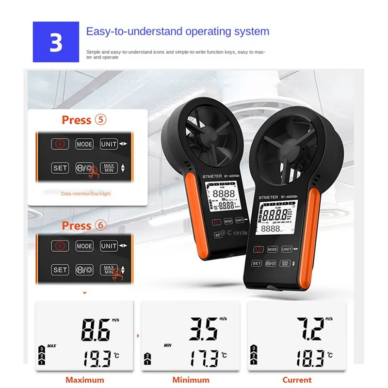 Фото A15F-BTMETER Анемометр Измерение скорости ветра с сенсорной клавишей, дисплеем температуры, инструментом для проверки объема воздуха BT-6000GH №1