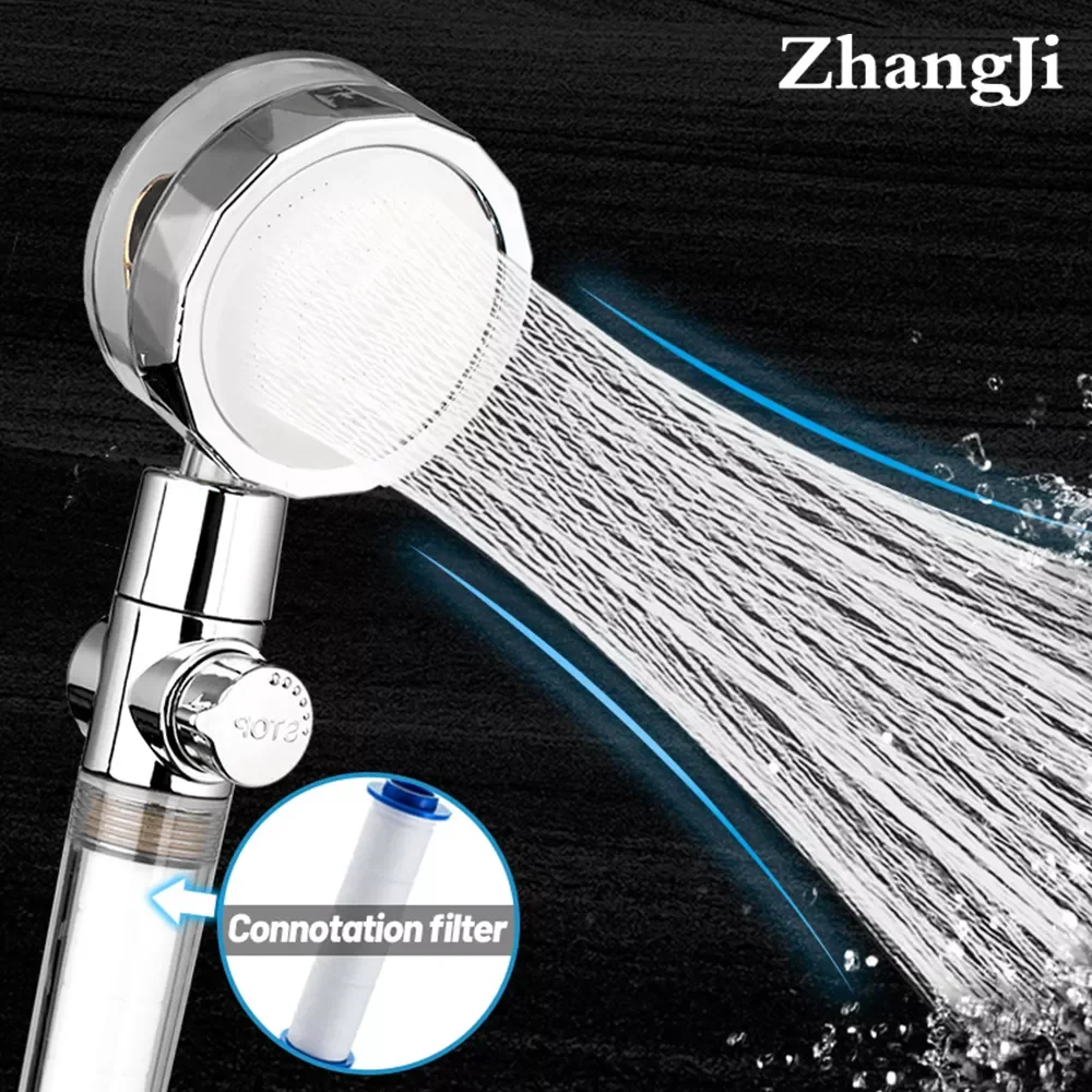 

2023 ZhangJi New Propeller Driven Shower Head with Stop Button and Cotton Filter Turbocharged High Pressure Handheld Shower Nozz