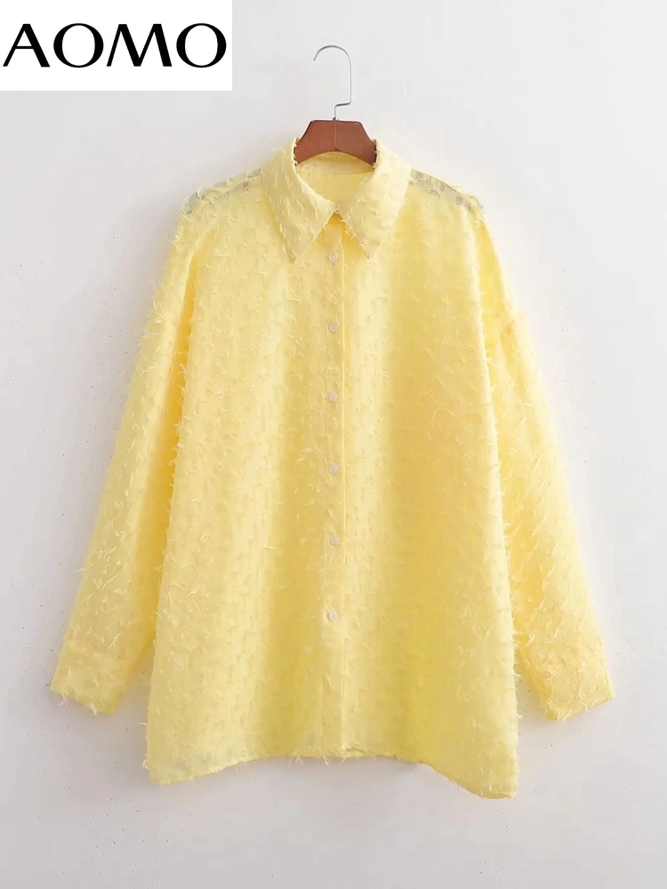 

AOMO Women Retro Oversized Yellow Tassel Shirt Long Sleeve Chic Female Casual Loose Shirt Tops 1D428A