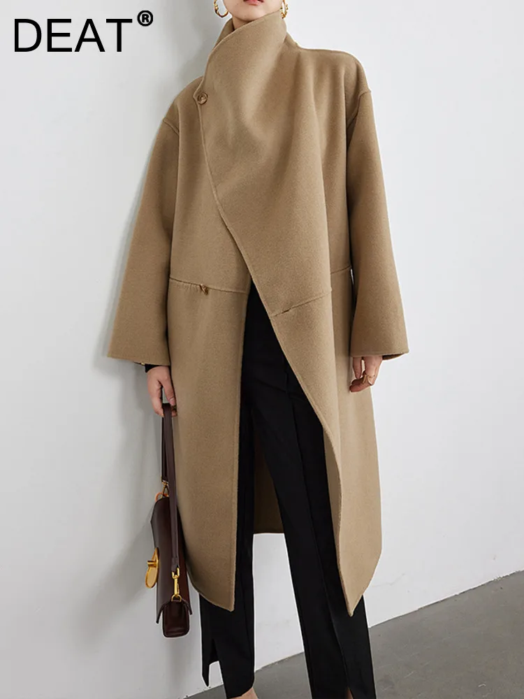 

DEAT Fashion Women's Woolen Coat Asymmetric Collar Loose Long Sleeve Khaki Wool Cloak Overcoat Female Winter 2023 New 17A4695