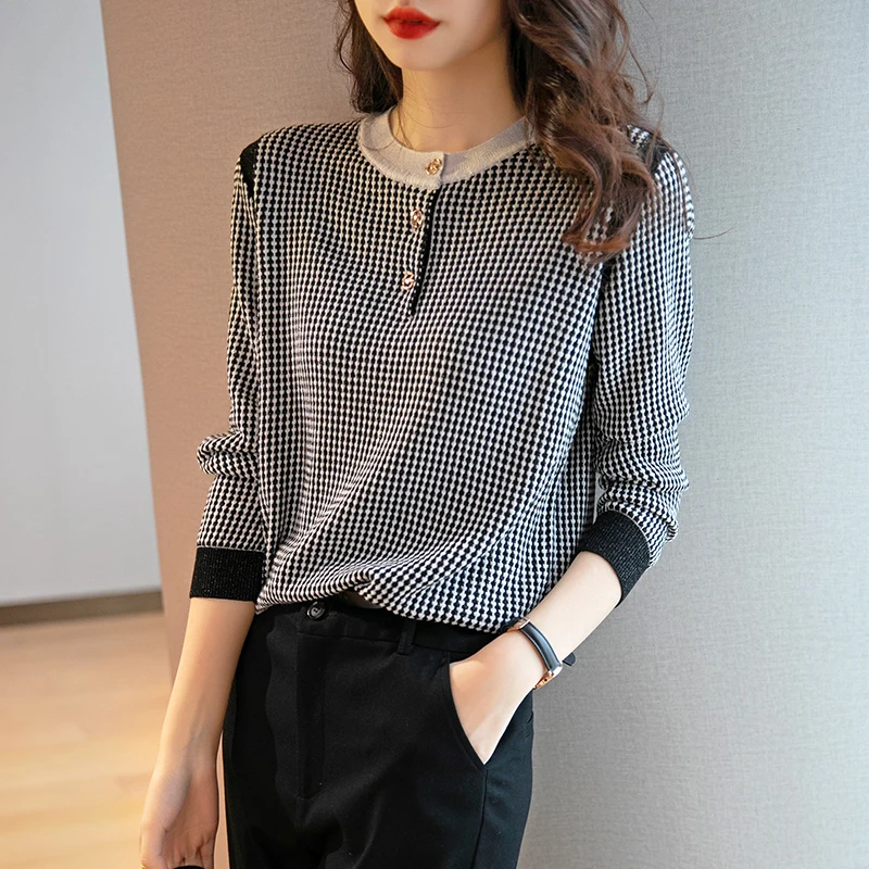 

FAKUNTN All-Match Loose Top Women Western Style 2021 Autumn New Round Neck Long Sleeve Black And White Plaid Sweater