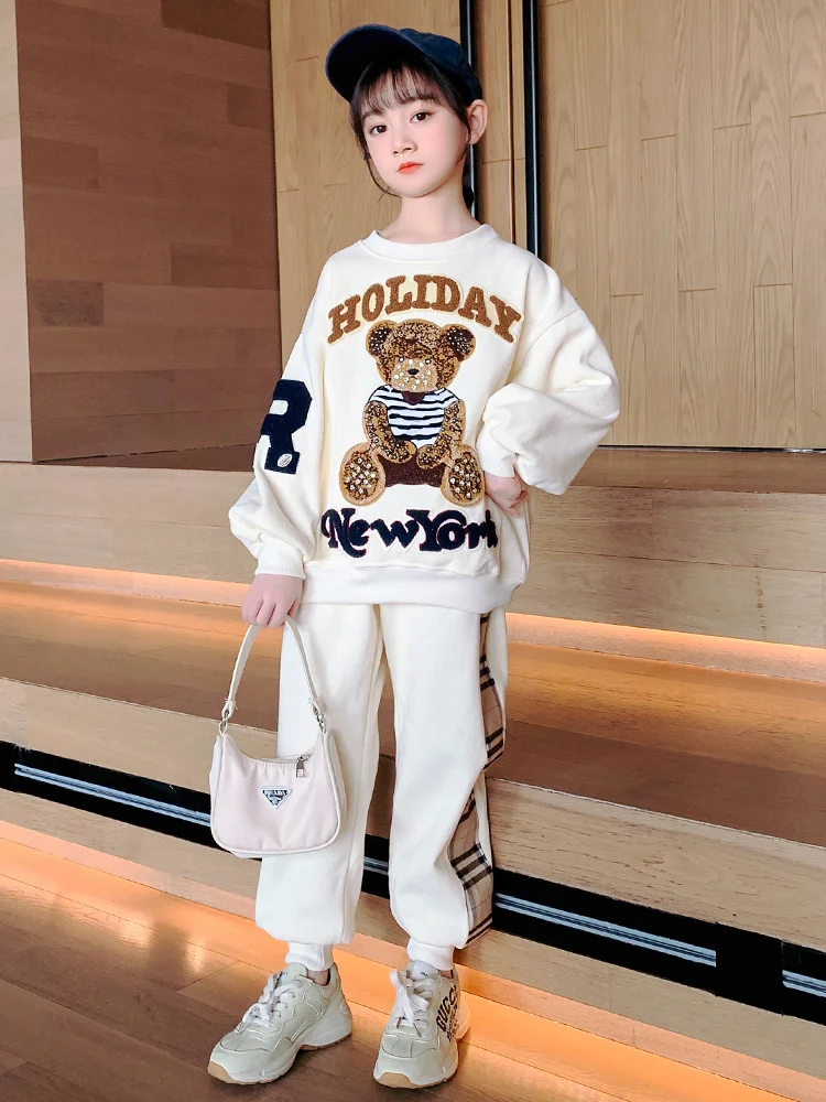 

Spring Autumn Kids Children's Cartoon Sportwear Suit White Pink Tracksuit 2 Piece Pullover Top + Pant Toddler Girls Clothing Set