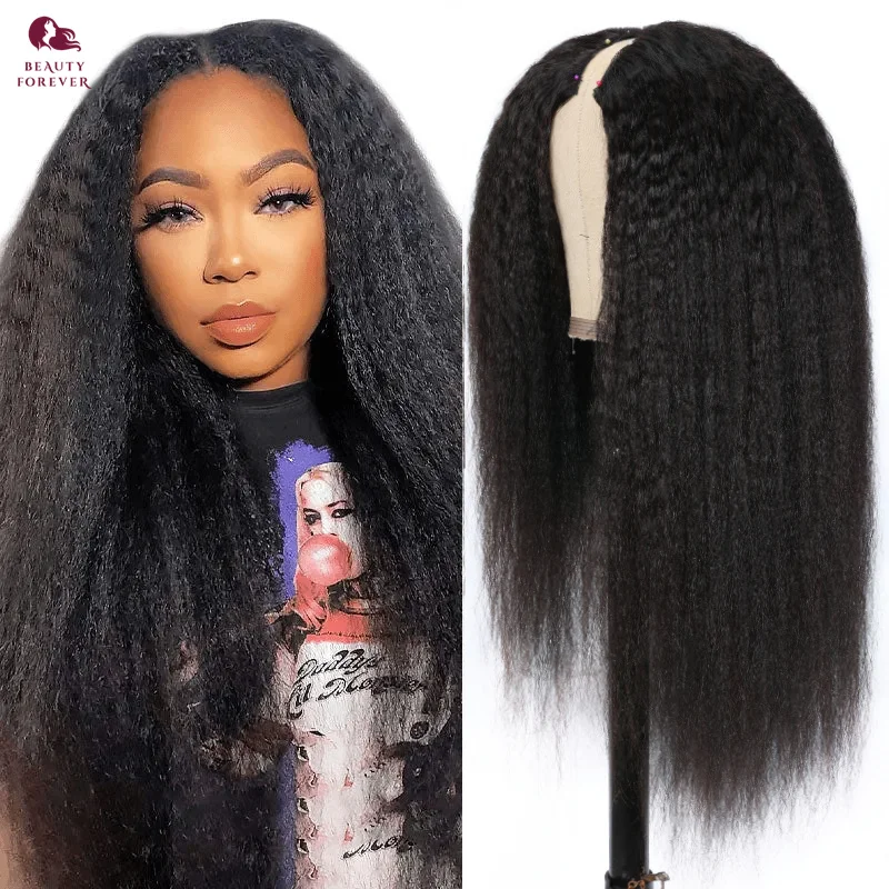 Beauty Forever V Part Wig Glueless Kinky Straight Human Hair Wig For Black Women Yaki Straight U Part Wig No Glue No Leave Out