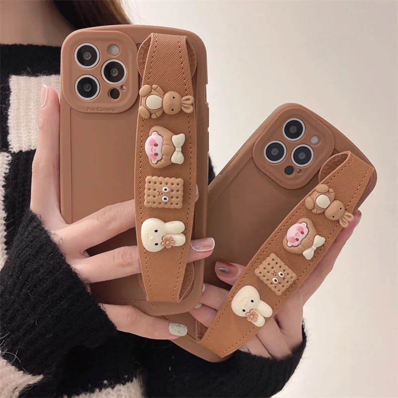 

3D Rabbit Girl Biscuits Wristband Holder Phone Case For Iphone 13 12 11 Pro Max X XS XR 7 8 Plus Soft Silicon Matte Back Cover