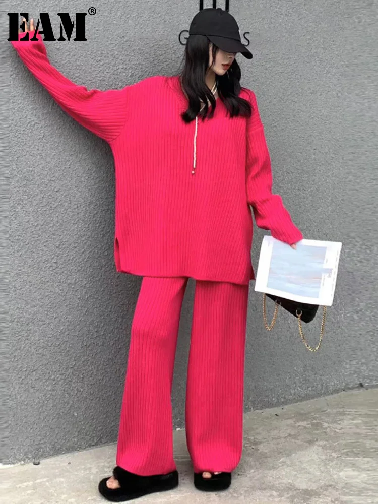 

[EAM] широкие брюки, вязанный большой размер, длинный костюм из двух предметов, новинка, v-образный вырез, длинный рукав, женская мода, весна-осе...