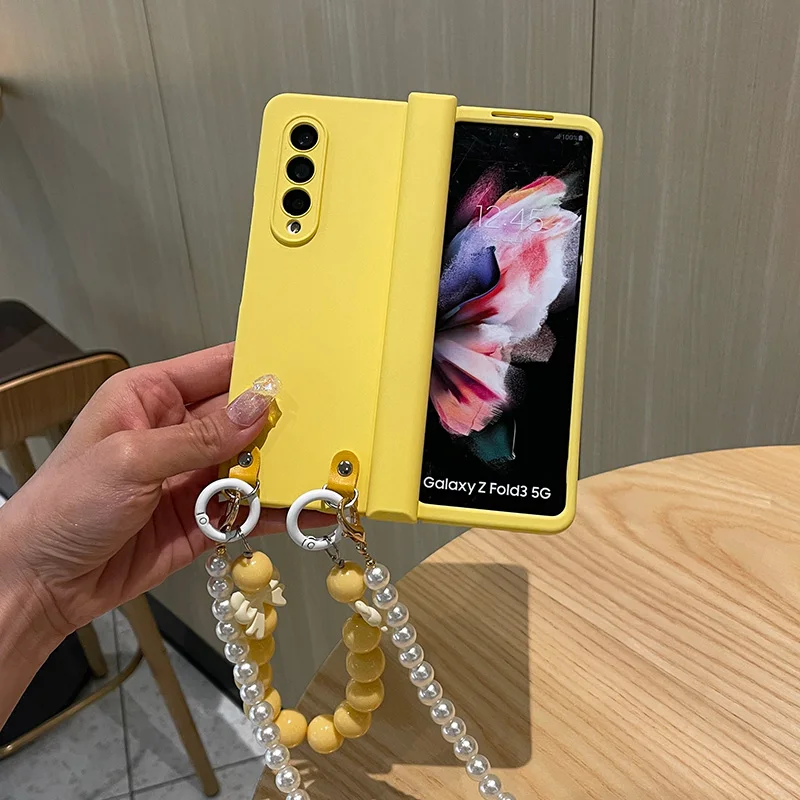 Portable Crossbody Long Pearl Chain With Bow Beads Bracelet Phone Case For Samsung Galaxy Z Fold 4 3 5G Z Fold 5 Protector Cover