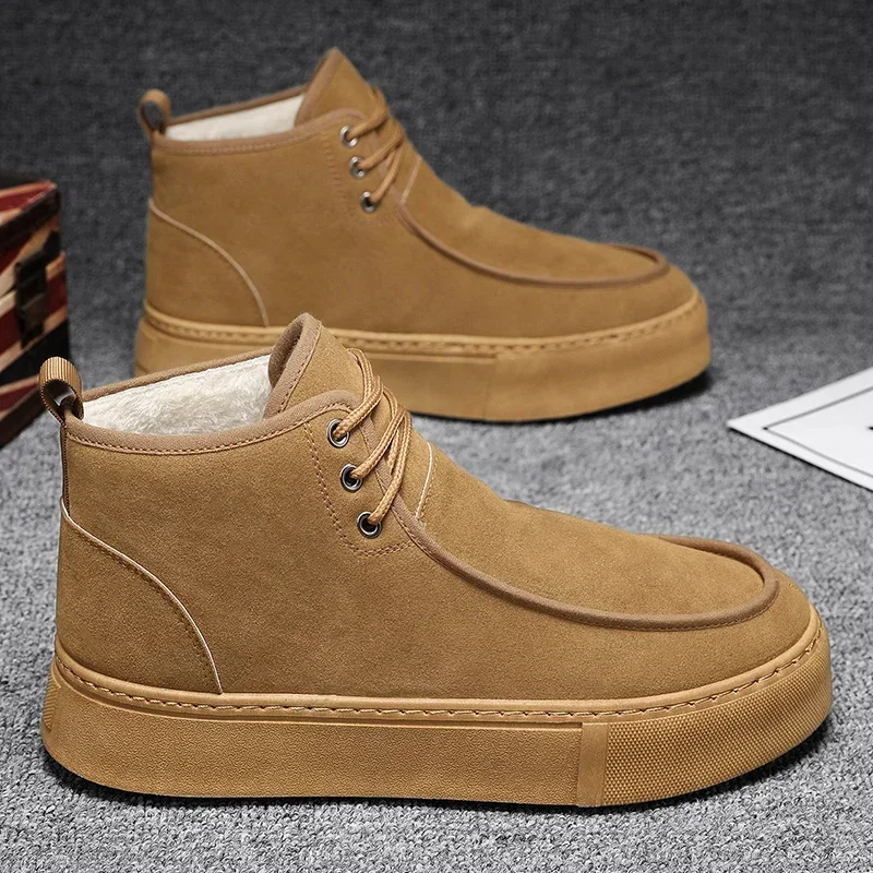 

2023 New Men's Ankle Boots Winter Warm Short Plush Snow Boots Flat with Cotton Shoes Outdoor Waterproof Lace-up Male Boots
