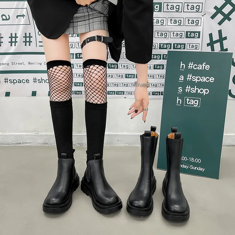 Ladies Punk Combat Boots Platform Shoes Black Artificial Leather Calfskin Short  British Style Single  2022 New