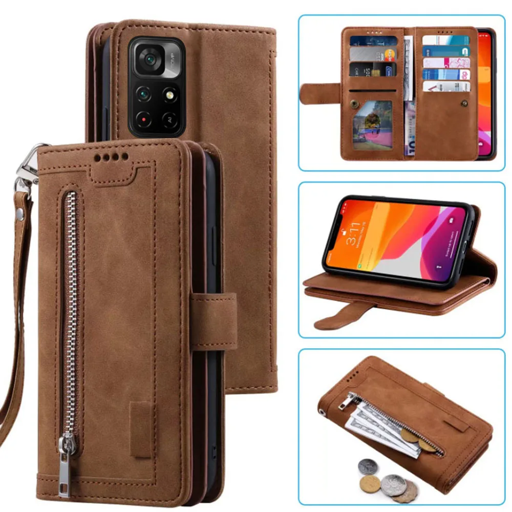 

9 Cards Wallet Case for Redmi Note11 5G Phone Case Card Slot Zipper Flip Folio with Wrist Strap for Xiaomi Poco M4 Pro 5G