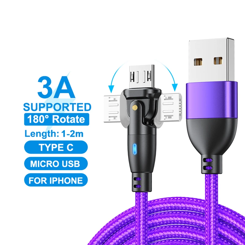 

Кабель Micro USB Type-C, 3 А, провод для быстрой зарядки для iPhone, Samsung, Xiaomi, Huawei, usb c, шнур для передачи данных с поворотом на 180 градусов