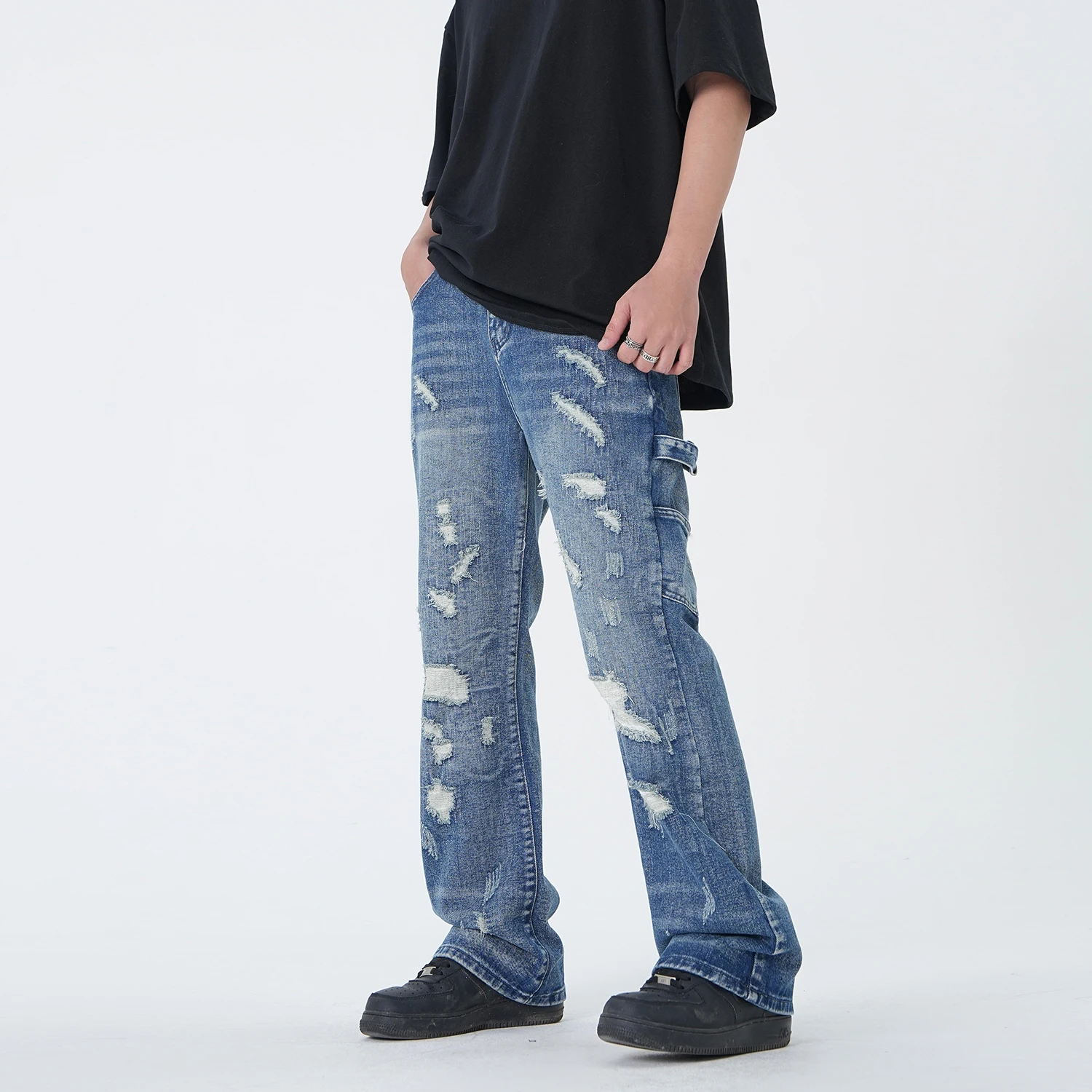 

Мужские и женские рваные джинсы-клеш Vibe, Синие рваные джинсы-клеш в стиле хип-хоп, повседневные облегающие джинсы в стиле Харадзюку