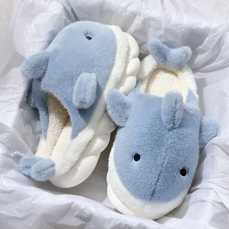 

Funny Animal Shark Cotton Slippers Warm Winter Women Plush Thick Soles Slides Lovely Cartoon Non-slip Outdoor Home Men's Shoes