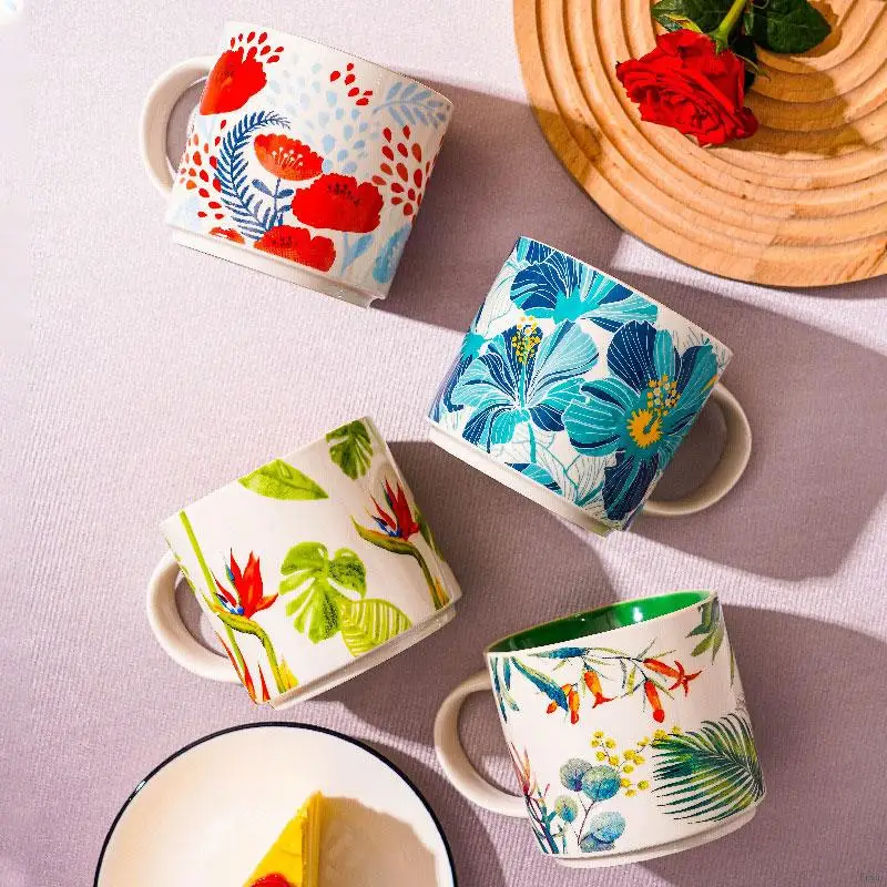 

Creative 450ml Enamel Coffee Mug Ceramic Bone China Mug Beautiful Pattern Tea Cup Breakfast Dessert Office Cofee Cup For Mate