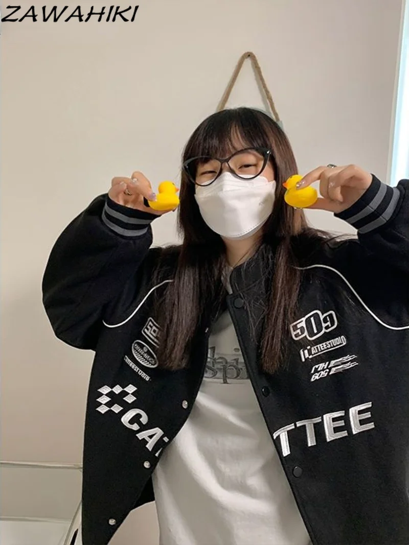 

Y2K American Retro Outerwear Vintage Racing Suit Women's Baseball Loose Letter Print Jacket Oversize Top Button-up Coats