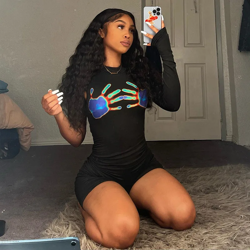 

2022 Summer Women's Fashion Creative Print Round Neck Slim Wrap Hip One Piece Casual Pants