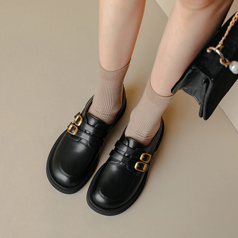 

Heihaian British Style Small Leather Shoes Suitable For Women's Four Seasons Can Wear Round Head Belt Buckle Loafers 34-42