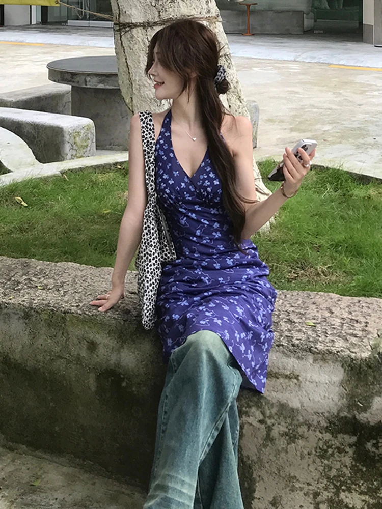 Blue Hanging Neck Sling Floral Dress Women's Summer 2024 New Seaside Vacation Elegant Super Nice