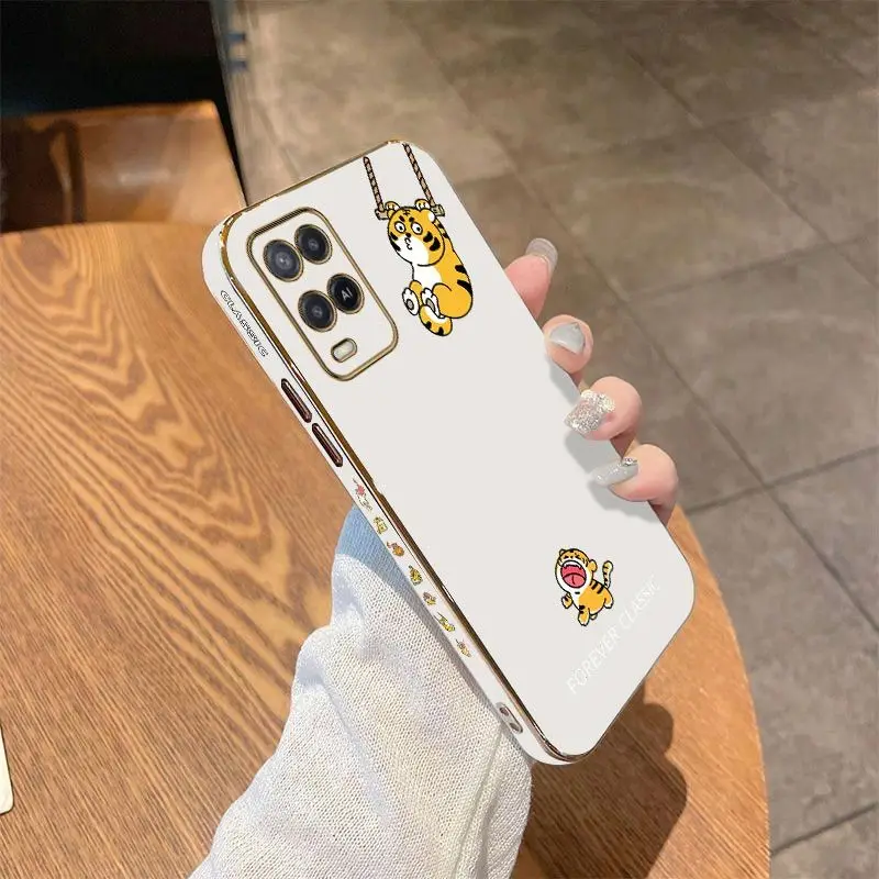 Naughty Little Tiger Luxury Plating Phone Case For Oppo A15 A15S A16 A16K A76 A77 A78 A53 A54 A55 A92 A94 A95 A83 F19 Cover